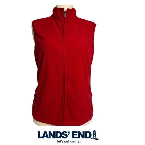 Lands' End Woman Size L Zip-Front Fleece Vest Long Red - Picture 1 of 10